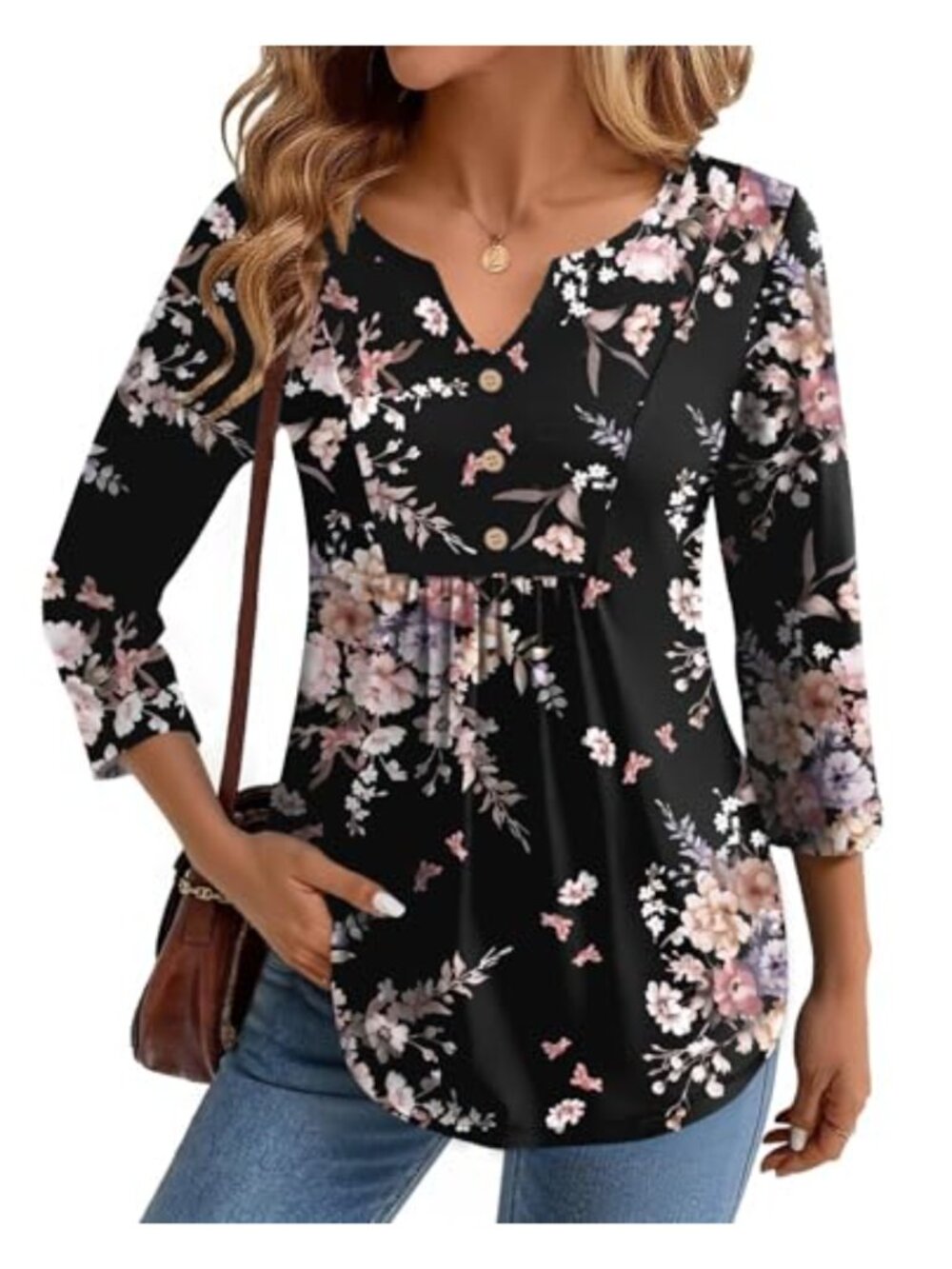 Women's 3/4 Sleeve V Neck Pleated Blouse Casual Work Top S-3XL